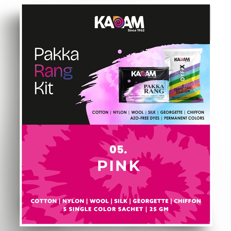 Kadam Pakka Rang Kit in Pink, cheerful and bright dye suitable for cotton, silk, and synthetics; 25g azo-free sachet.