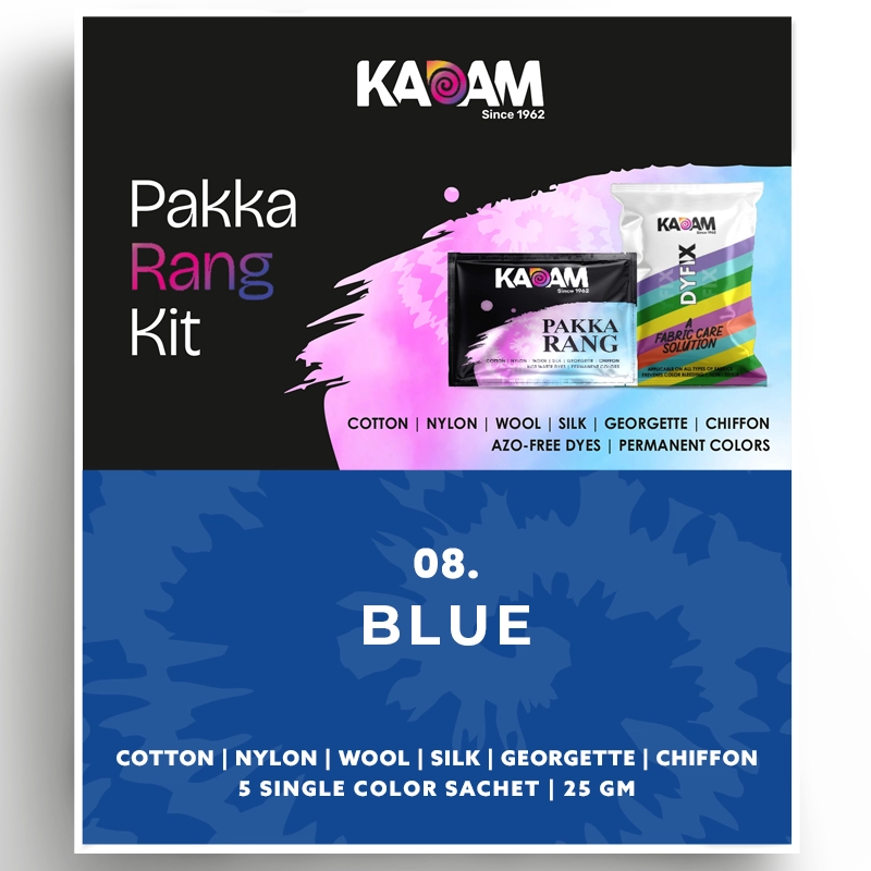 Kadam Pakka Rang Kit in Blue, classic and versatile dye for all fabrics; bright, permanent, and azo-free, 25g.