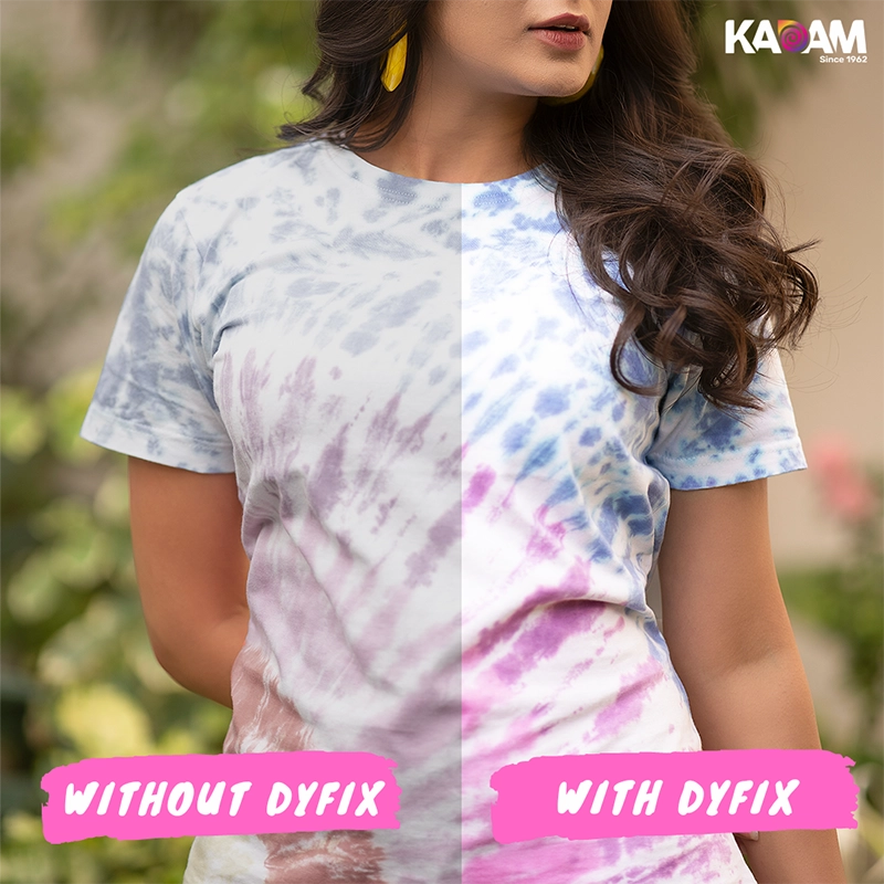 Comparison of a tie-dye t-shirt with and without Kadam Dyfix fabric care solution, showcasing the enhanced vibrancy and color retention on the right side labeled 'With Dyfix' versus the faded colors on the left labeled 'Without Dyfix
