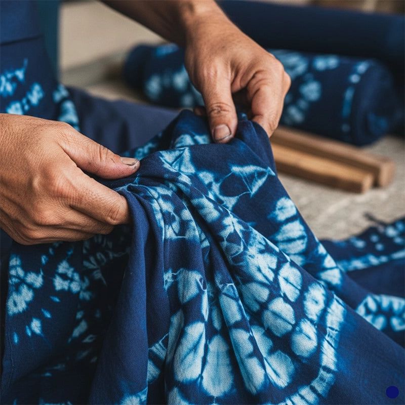 Hands holding indigo tie-dyed cotton fabric with traditional shibori patterns, showcasing Kadam Pakka Rang deep blue dyeing craftsmanship.