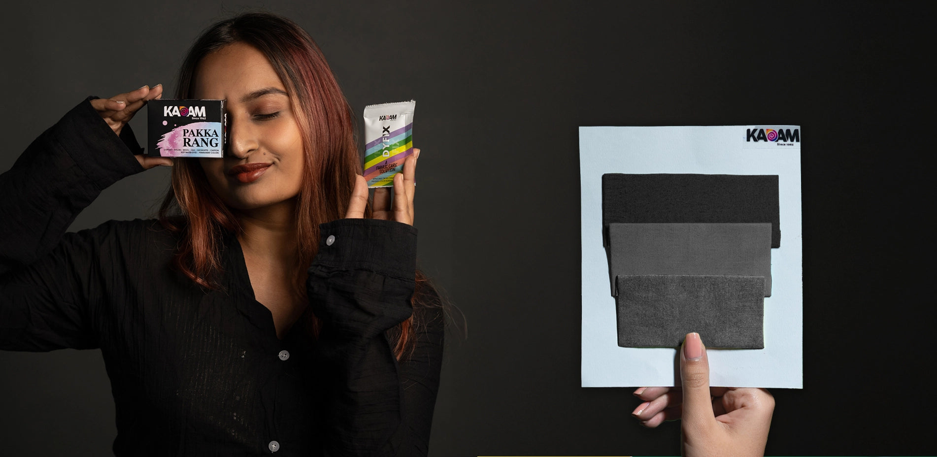 A woman holding Kadam Pakka Rang fabric dye and Dyfix color fixer sachets with a confident smile, alongside a hand displaying fabric swatches in various shades of black and gray, showcasing the high-quality dyeing capabilities of Kadam Colors products.