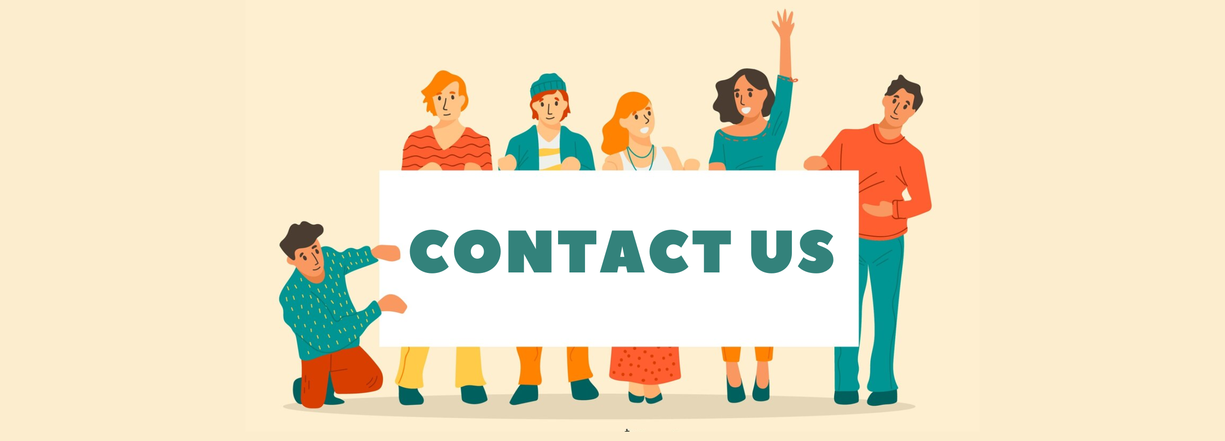Illustration of diverse team holding a “Contact Us” sign, inviting queries and support at Kadam Colors official website.