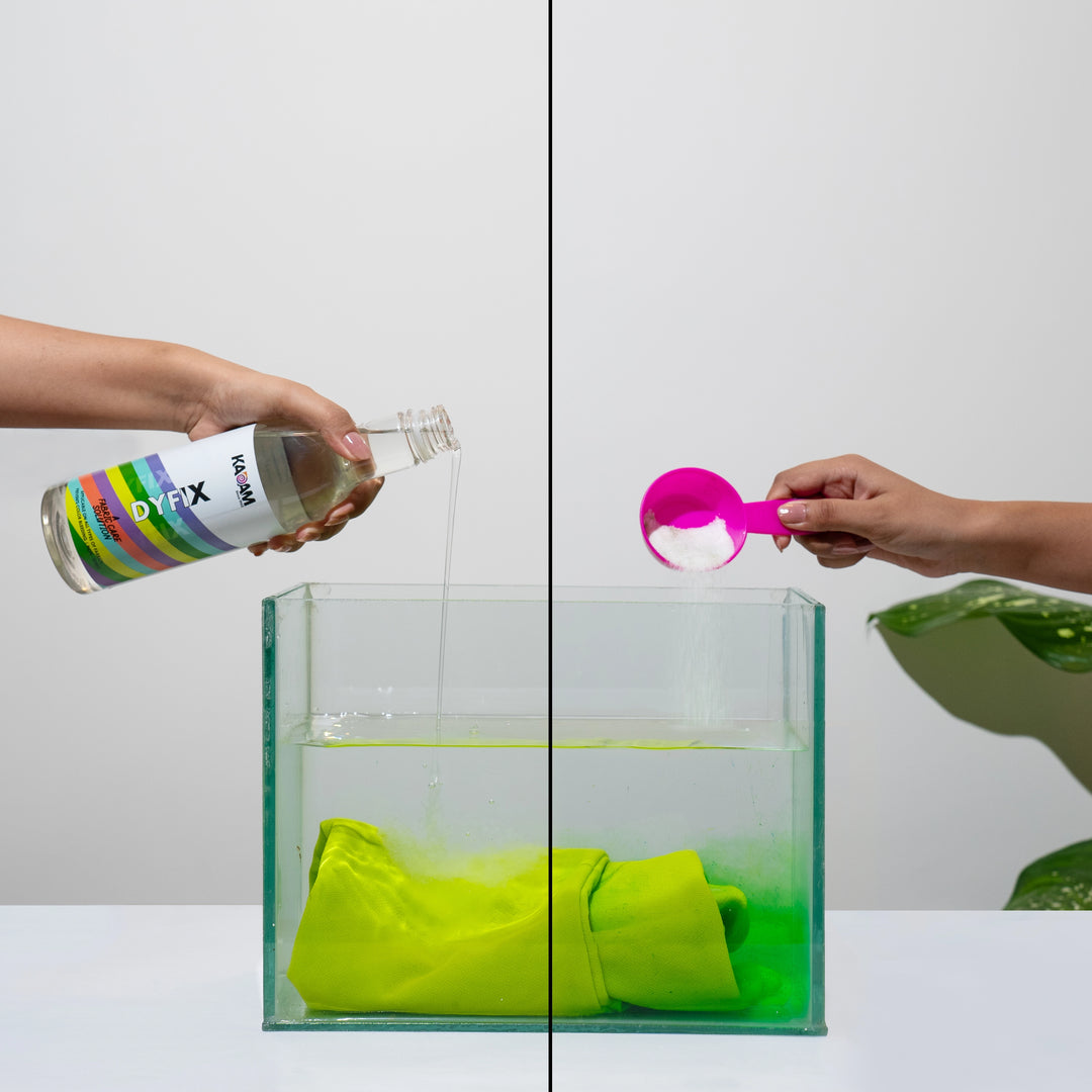 Side-by-side test: Kadam DyFix stops fabric color bleeding completely, while other brand's fixer fails to prevent dye runoff.