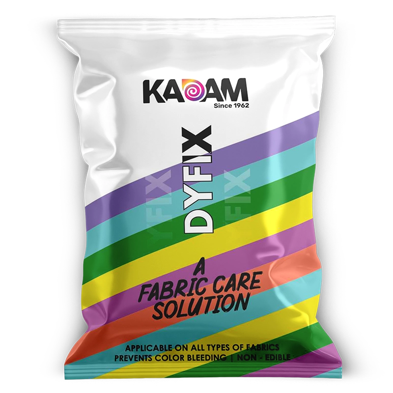 Kadam Dyfix fabric care solution packaging with colorful stripes on a white background