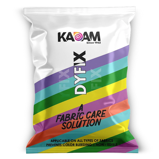 Kadam Dyfix fabric care solution packaging with colorful stripes on a white background