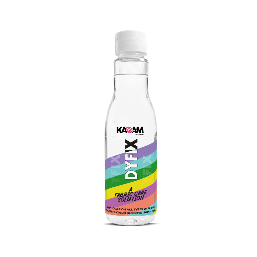 A single Kadam DyFix bottle with a clear solution and multicolor label, representing a fabric care solution for color fixing.