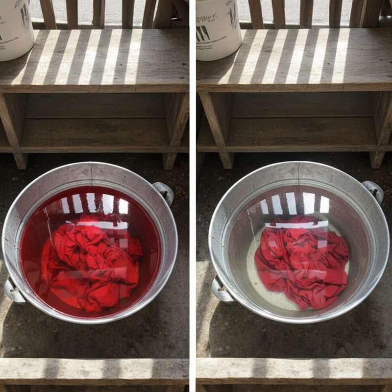 Kadam DyFix colour fixer before and after comparison showing reduced colour bleeding in dyed fabric soak water.