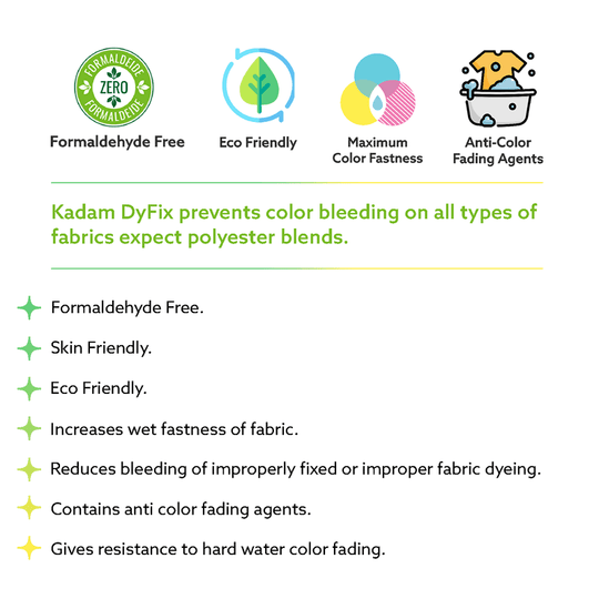 Fabric submerged in Kadam DyFix solution to fix colors and prevent discoloration.