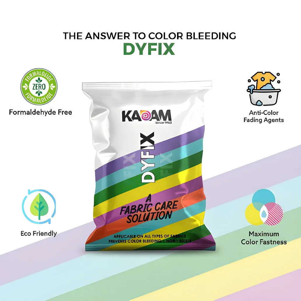 Kadam DyFix fabric care solution—eco-friendly, formaldehyde-free, prevents color bleeding, and ensures maximum fabric color fastness.