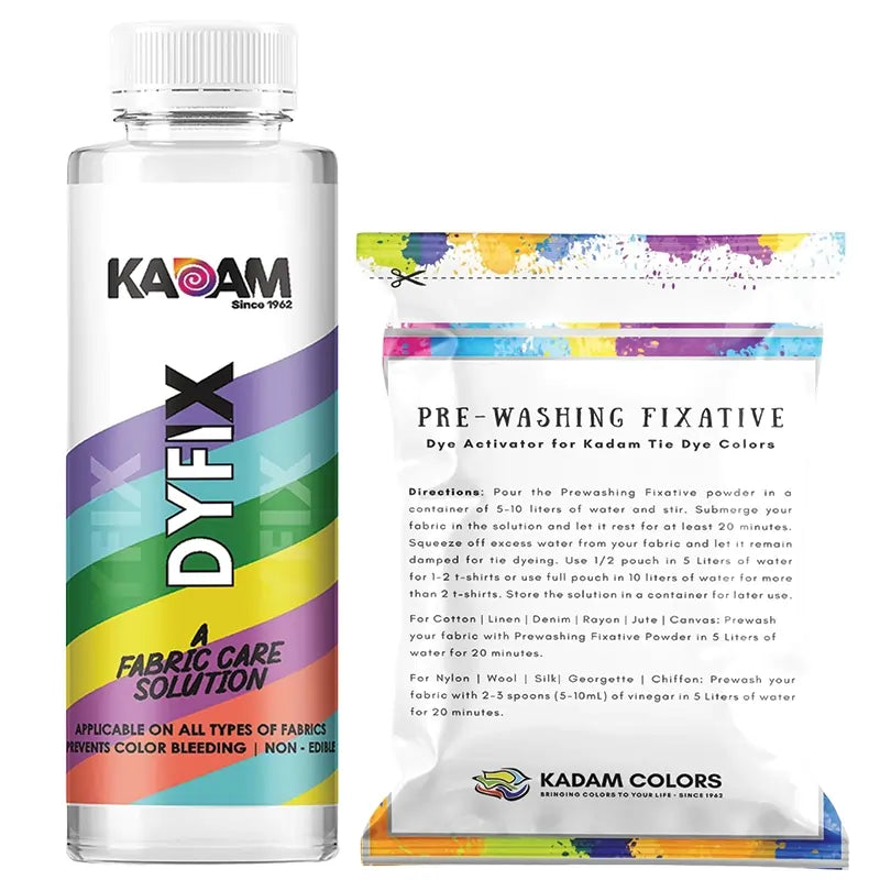 Kadam Colors DyFix and Pre-Washing Fixative combo—fabric care solution to prevent color bleeding in tie-dye clothes.