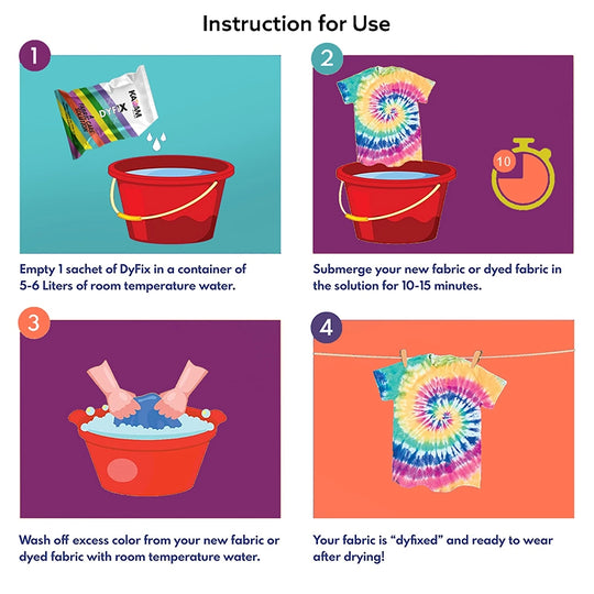 Step-by-step instructions for using Kadam Dyfix fabric care solution: 1) Add one sachet of Dyfix to 5-6 liters of room temperature water in a bucket, 2) Submerge the dyed fabric for 10-15 minutes, 3) Rinse off excess color with room temperature water, 4) Hang the fabric to dry, ensuring vibrant and long-lasting colors