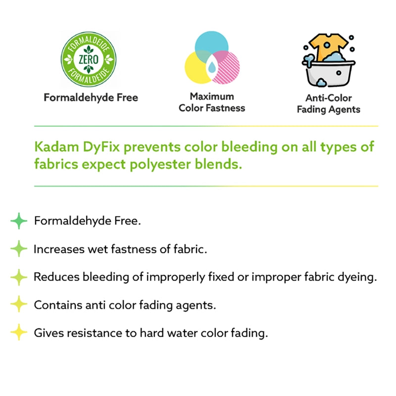 Kadam DyFix fabric care product applied to freshly dyed fabrics for long-lasting brightness
