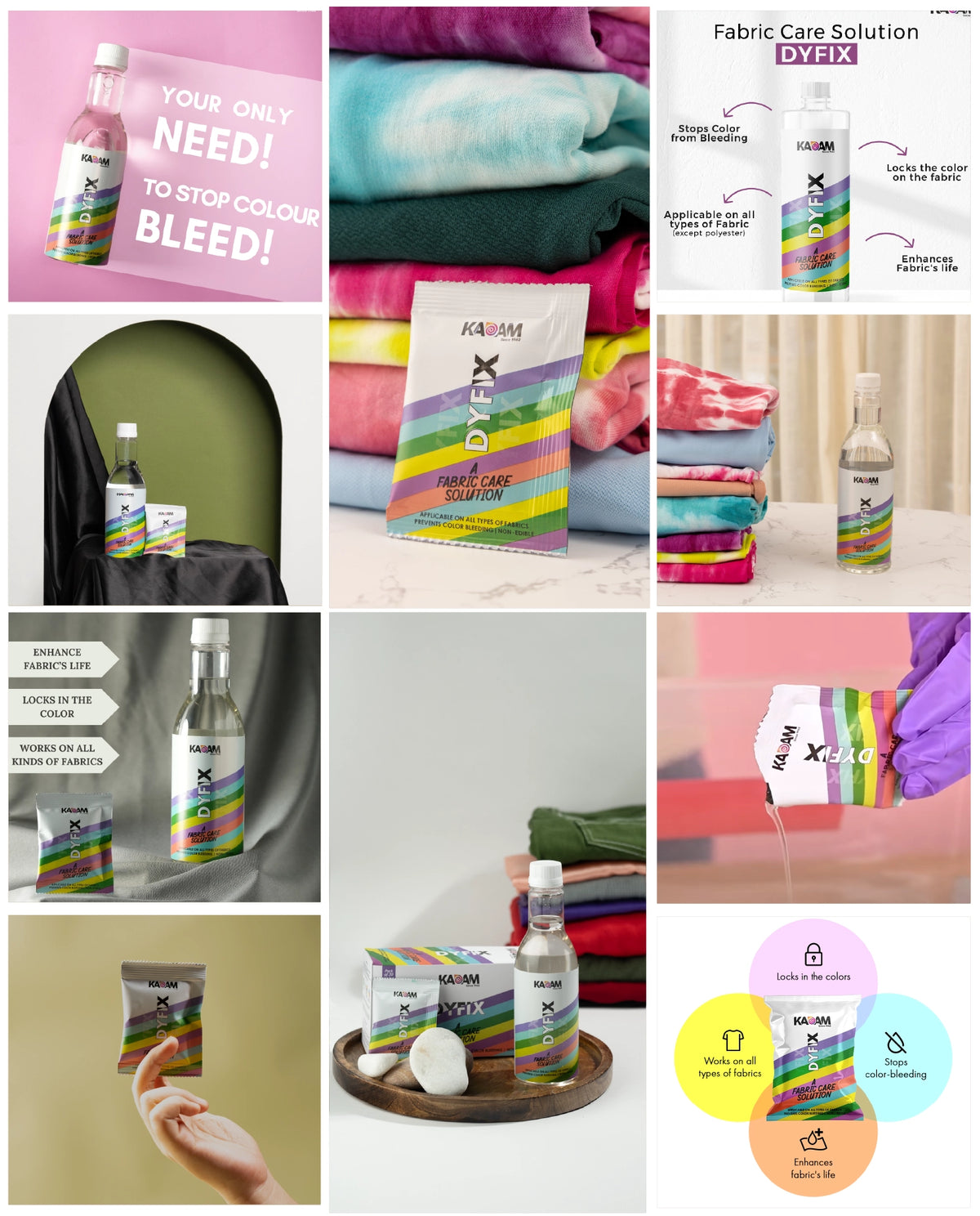 A collage featuring Kadam Dyfix fabric care solution, highlighting its benefits such as preventing color bleeding, enhancing fabric life, and locking in vibrant colors, with product images, colorful fabrics, and informational visuals showcasing its versatility and effectiveness for all types of fabrics