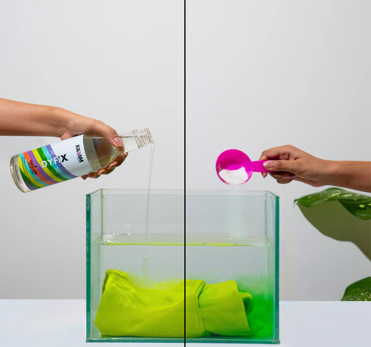 Side-by-side test showing Kadam DyFix stopping fabric color bleeding completely vs competitor powder failing to prevent dye runoff.