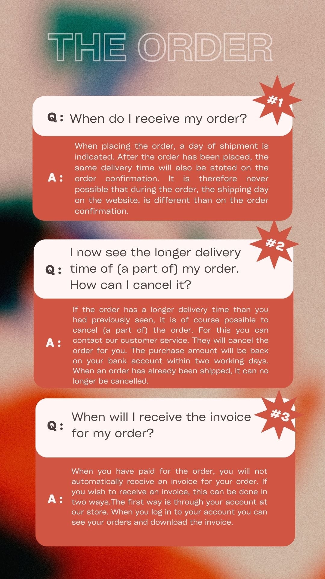 FAQ image titled "THE ORDER" explaining order shipment date, delivery delays, and invoice receipt process.
