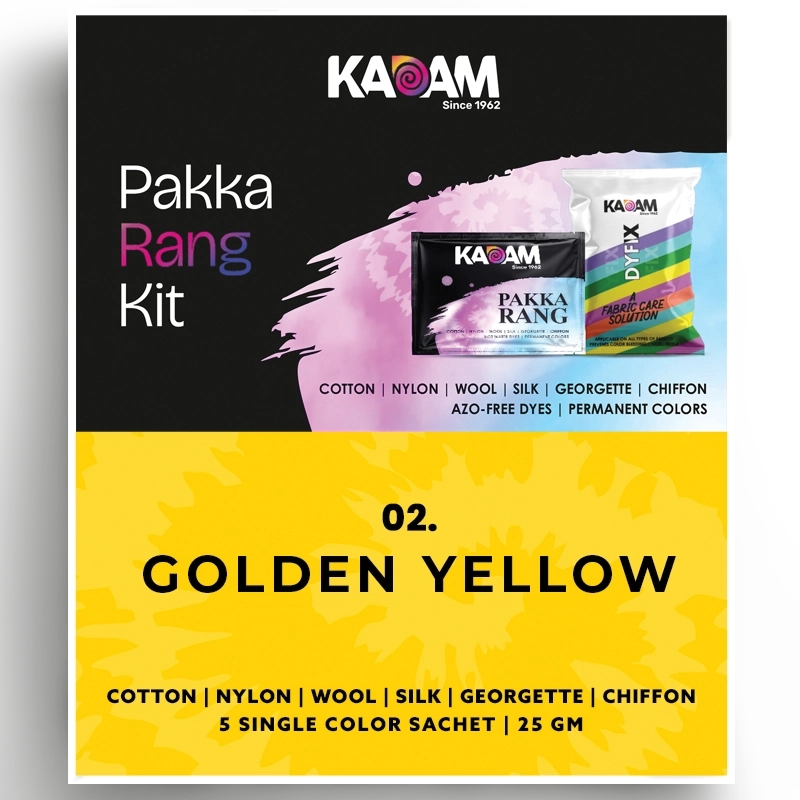 Kadam Pakka Rang Kit in Golden Yellow shade with DyFix—azo-free fabric dye for cotton, silk, nylon, and more.