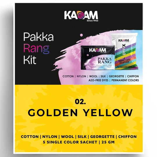 Kadam Pakka Rang Kit in Golden Yellow shade with DyFix—azo-free fabric dye for cotton, silk, nylon, and more.
