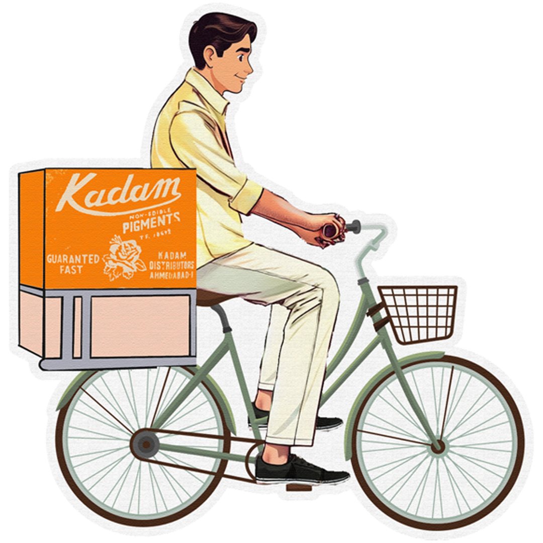 A retro-style illustration of a delivery man riding a bicycle carrying a Kadam pigment box labeled “Guaranteed Fast – Kadam Distributors, Ahmedabad.”