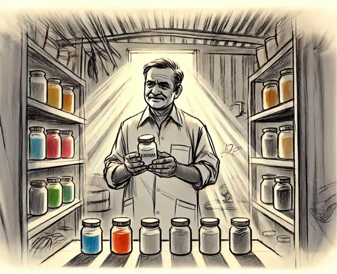 An artistic sketch of an older man standing proudly in a rustic dye shop, holding a jar labeled Kadam, with rays of light streaming in.