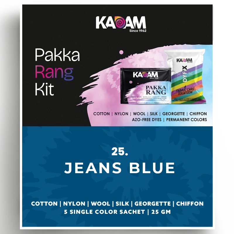 Kadam Pakka Rang Kit in Jeans Blue—azo-free hot water dye with DyFix for denim, cotton, silk, and more durable fabrics.