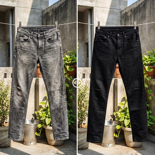 Before and after jeans dyed black with Kadam Pakka Rang fabric dye.