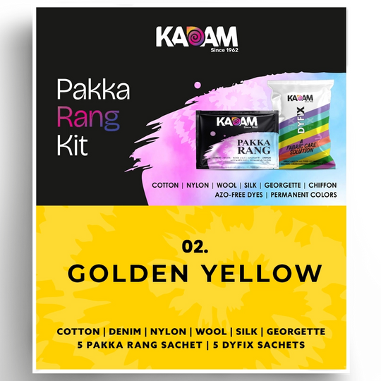 Kadam Pakka Rang Kit in Golden Yellow shade with DyFix—azo-free fabric dye for cotton, silk, nylon, and more.