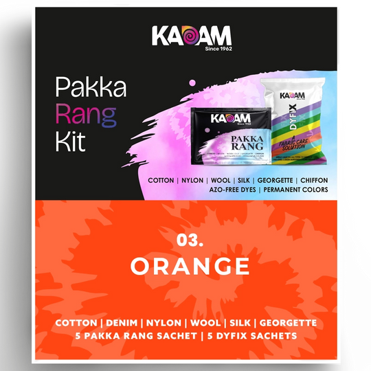 Kadam Pakka Rang Kit in Orange, zesty and bright dye ideal for fabric crafting; colorfast, azo-free, 25g.