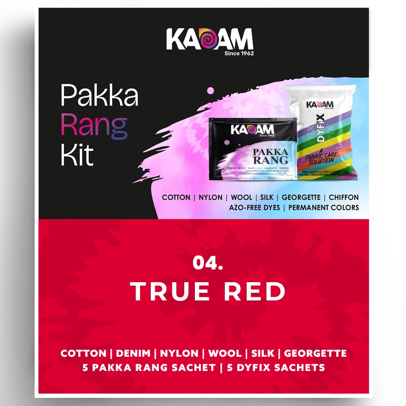 Kadam Pakka Rang Kit in True Red, classic bold red dye for lasting vibrance on all fabrics; azo-free, 25g sachet.