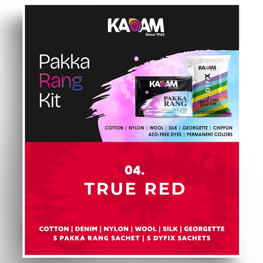 Kadam Pakka Rang Kit in True Red, classic bold red dye for lasting vibrance on all fabrics; azo-free, 25g sachet.