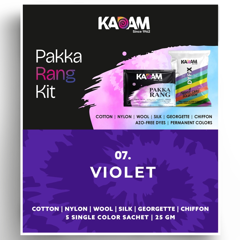 Kadam Pakka Rang Kit single color fabric dye sachet in Violet for deep rich tones.