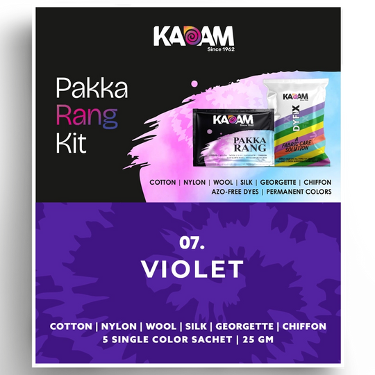 Kadam Pakka Rang Kit single color fabric dye sachet in Violet for deep rich tones.
