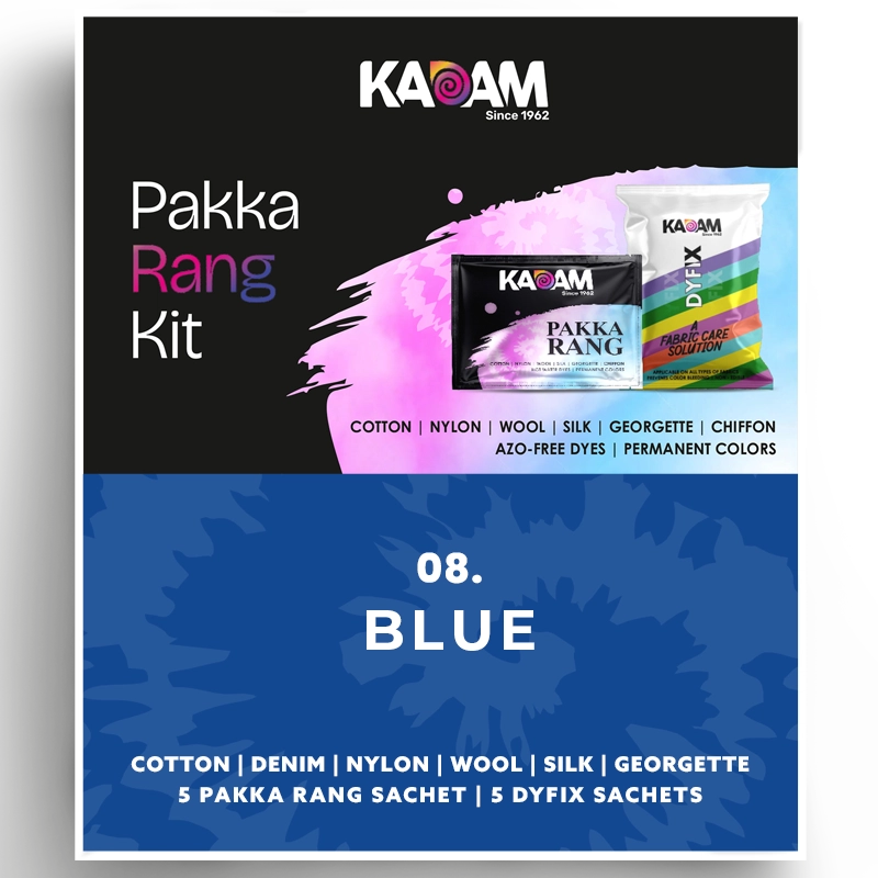 Kadam Pakka Rang Kit in Blue, classic and versatile dye for all fabrics; bright, permanent, and azo-free, 25g.