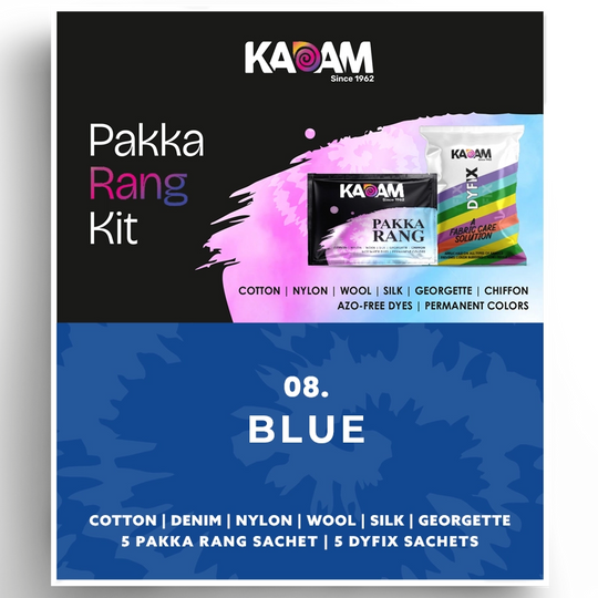 Kadam Pakka Rang Kit in Blue, classic and versatile dye for all fabrics; bright, permanent, and azo-free, 25g.