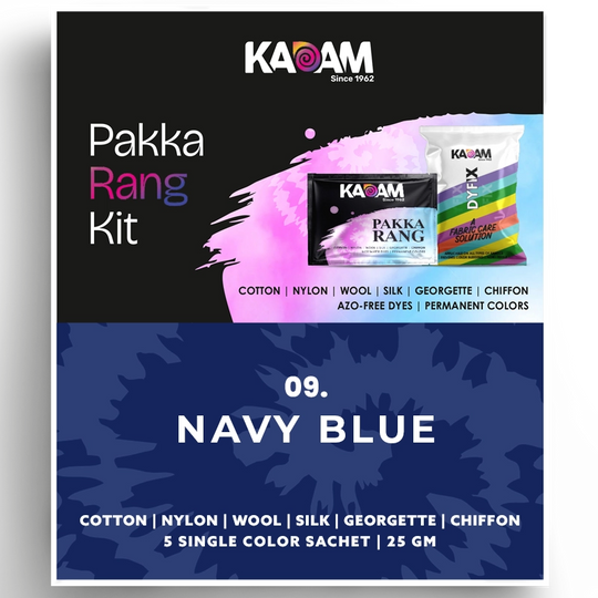 Kadam Pakka Rang Kit fabric dye sachet in Navy Blue for fabric dyeing.