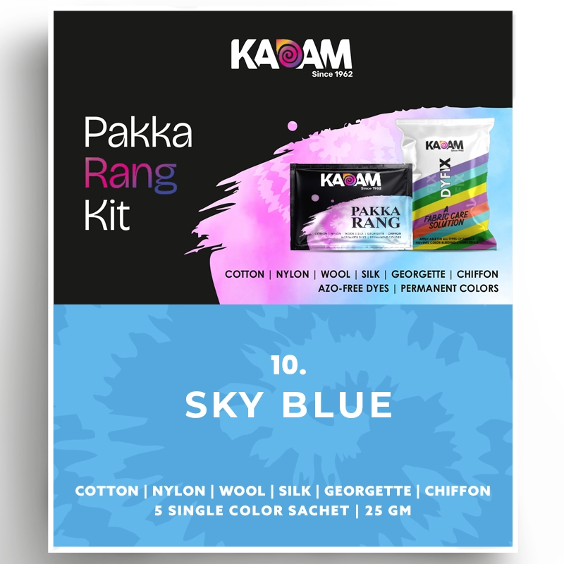 Kadam Pakka Rang Kit single color fabric dye sachet in Sky Blue for fresh and light fabric tones.
