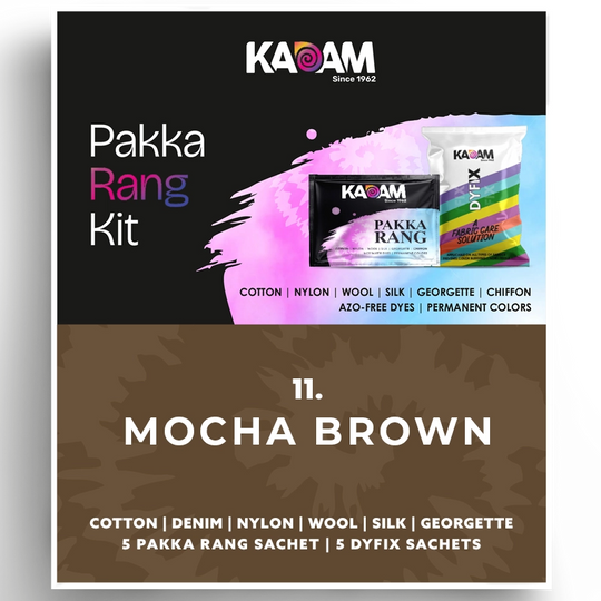 Kadam Pakka Rang Kit in Mocha Brown, warm coffee-tone dye for fabric lovers; azo-free and durable, 25g sachet.