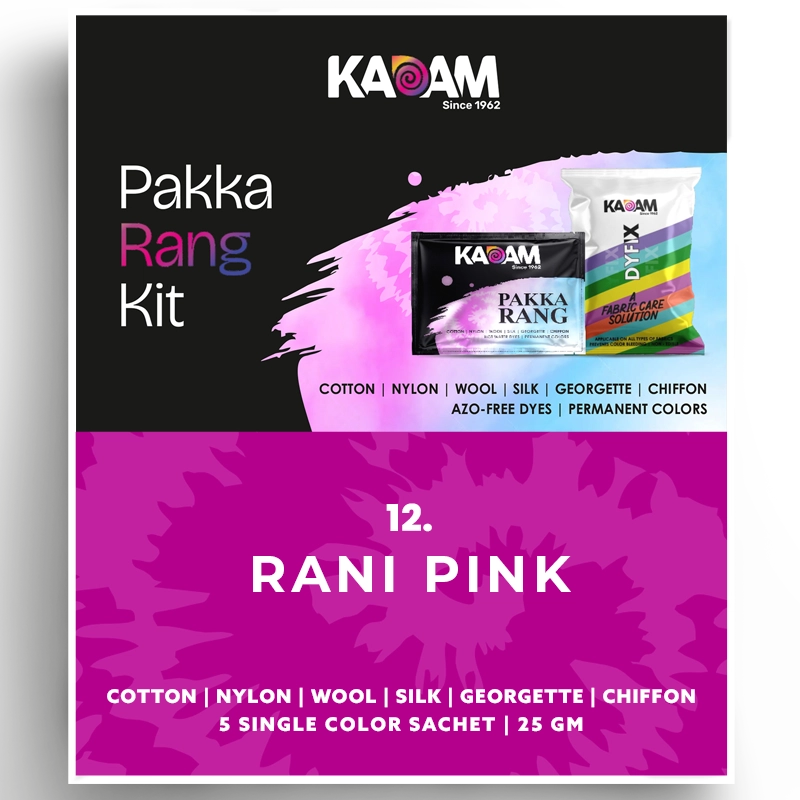 Kadam Pakka Rang Kit Rani Pink fabric dye sachet – vibrant bright pink shade for cotton, nylon, silk & chiffon
