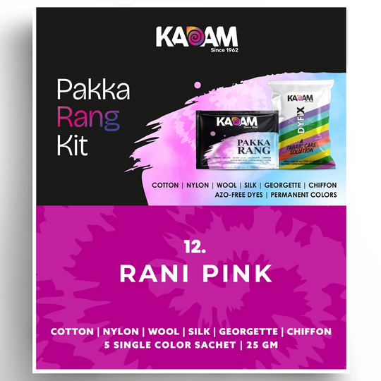 Kadam Pakka Rang Kit Rani Pink fabric dye sachet – vibrant bright pink shade for cotton, nylon, silk & chiffon