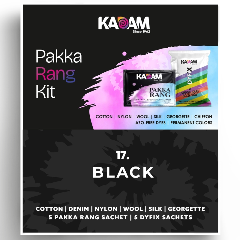 Kadam Pakka Rang Kit in Black, intense and bold fabric dye for all materials; colorfast and azo-free, 25g sachet.