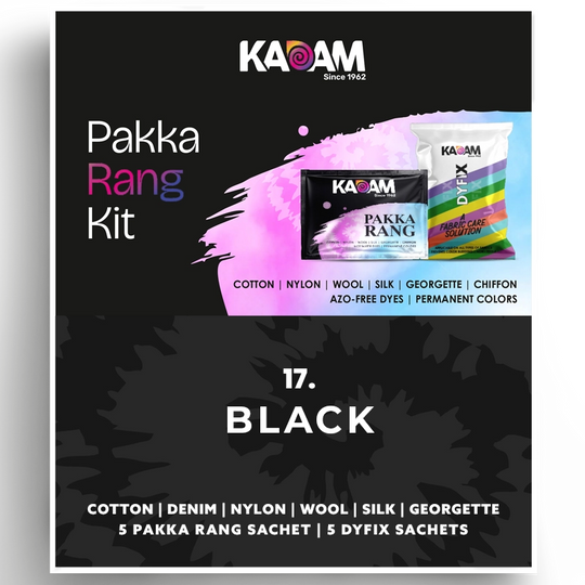 Kadam Pakka Rang Kit in Black, intense and bold fabric dye for all materials; colorfast and azo-free, 25g sachet.