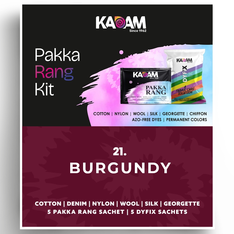 Kadam Pakka Rang Kit in Burgundy, bold wine-colored dye for all fabric types; azo-free, rich and lasting, 25g sachet.