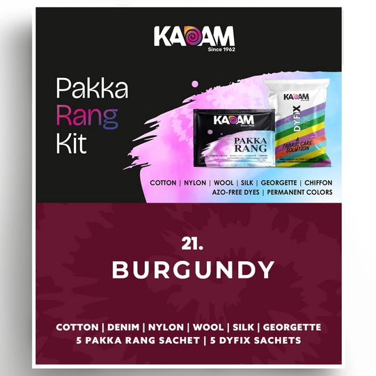 Kadam Pakka Rang Kit in Burgundy, bold wine-colored dye for all fabric types; azo-free, rich and lasting, 25g sachet.