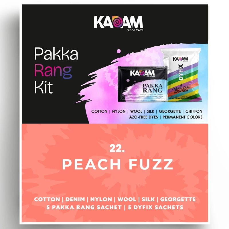 Kadam Colors fabric dye with 5 Pakka Rang sachets and 5 DyFix sachets for cotton, denim, nylon, wool, silk, and georgette.