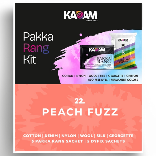 Kadam Colors fabric dye with 5 Pakka Rang sachets and 5 DyFix sachets for cotton, denim, nylon, wool, silk, and georgette.