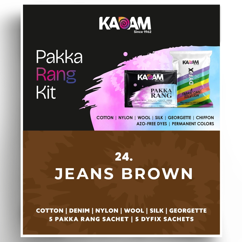 Kadam Pakka Rang Kit in Jeans Brown, earthy fabric dye mimicking rugged denim shades; azo-free and vibrant, 25g sachet.
