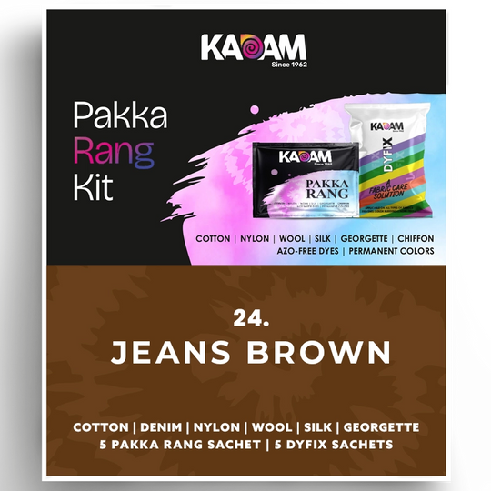 Kadam Pakka Rang Kit in Jeans Brown, earthy fabric dye mimicking rugged denim shades; azo-free and vibrant, 25g sachet.