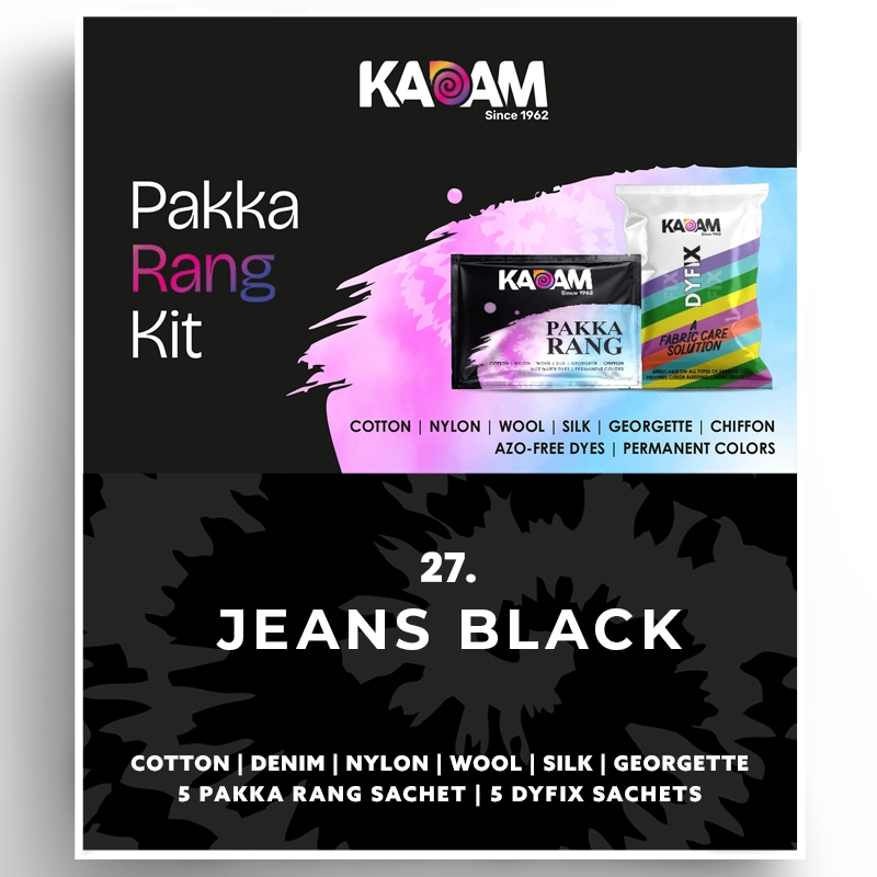 Kadam Pakka Rang Kit in Jeans Black, strong denim-like black dye ideal for all fabrics; azo-free and durable, 25g pack.