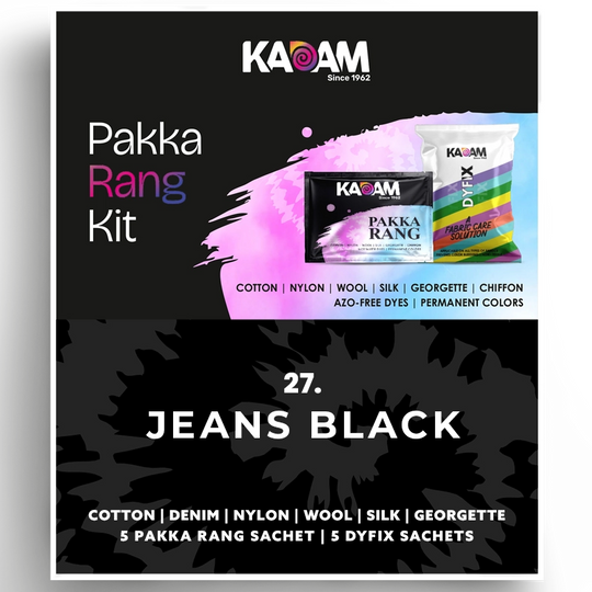 Kadam Pakka Rang Kit in Jeans Black, strong denim-like black dye ideal for all fabrics; azo-free and durable, 25g pack.