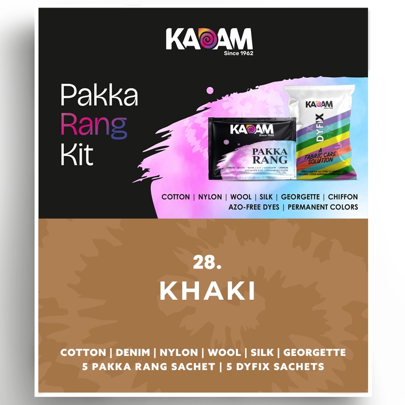 Kadam Pakka Rang Kit in Khaki, subtle earth-tone dye for fabric, suitable for cotton, wool, and synthetics; permanent and safe, 25g.