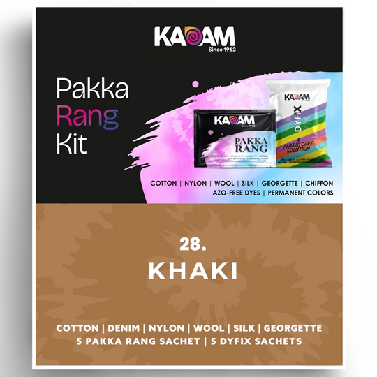 Kadam Pakka Rang Kit in Khaki, subtle earth-tone dye for fabric, suitable for cotton, wool, and synthetics; permanent and safe, 25g.